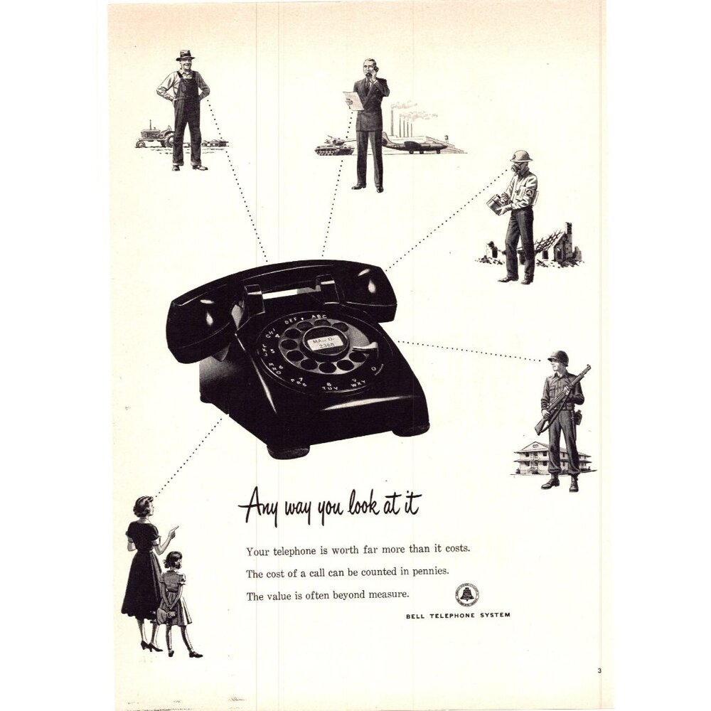 1952 Bell Telephone System Rotary Dial Phone Vintage Print Ad Farmer Wall Art